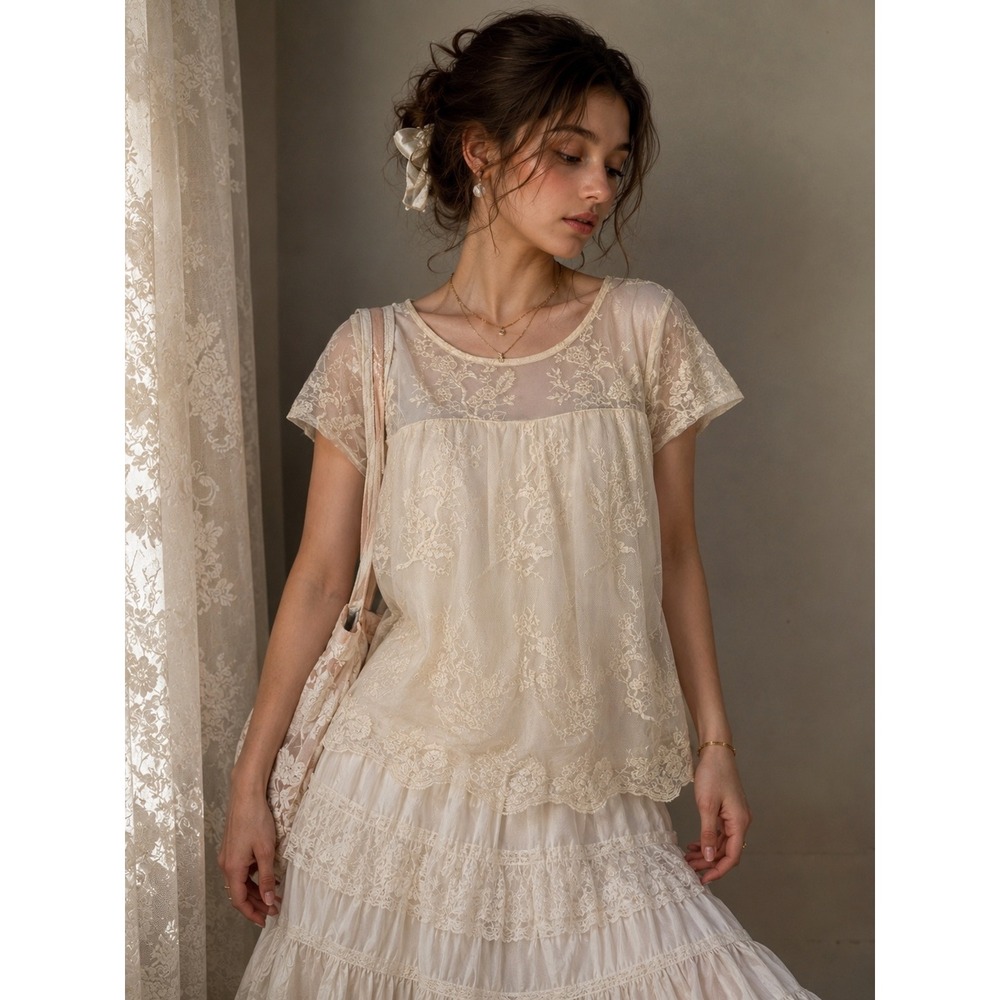 Lily Star Lace Mesh Embroidered Top Coquette Fairycore Romantic XL